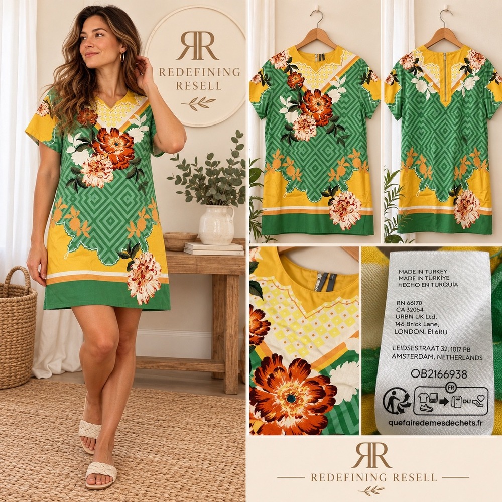 Anthropologie Floral Geometric Shift Dress Green Yellow Short Sleeve Pockets